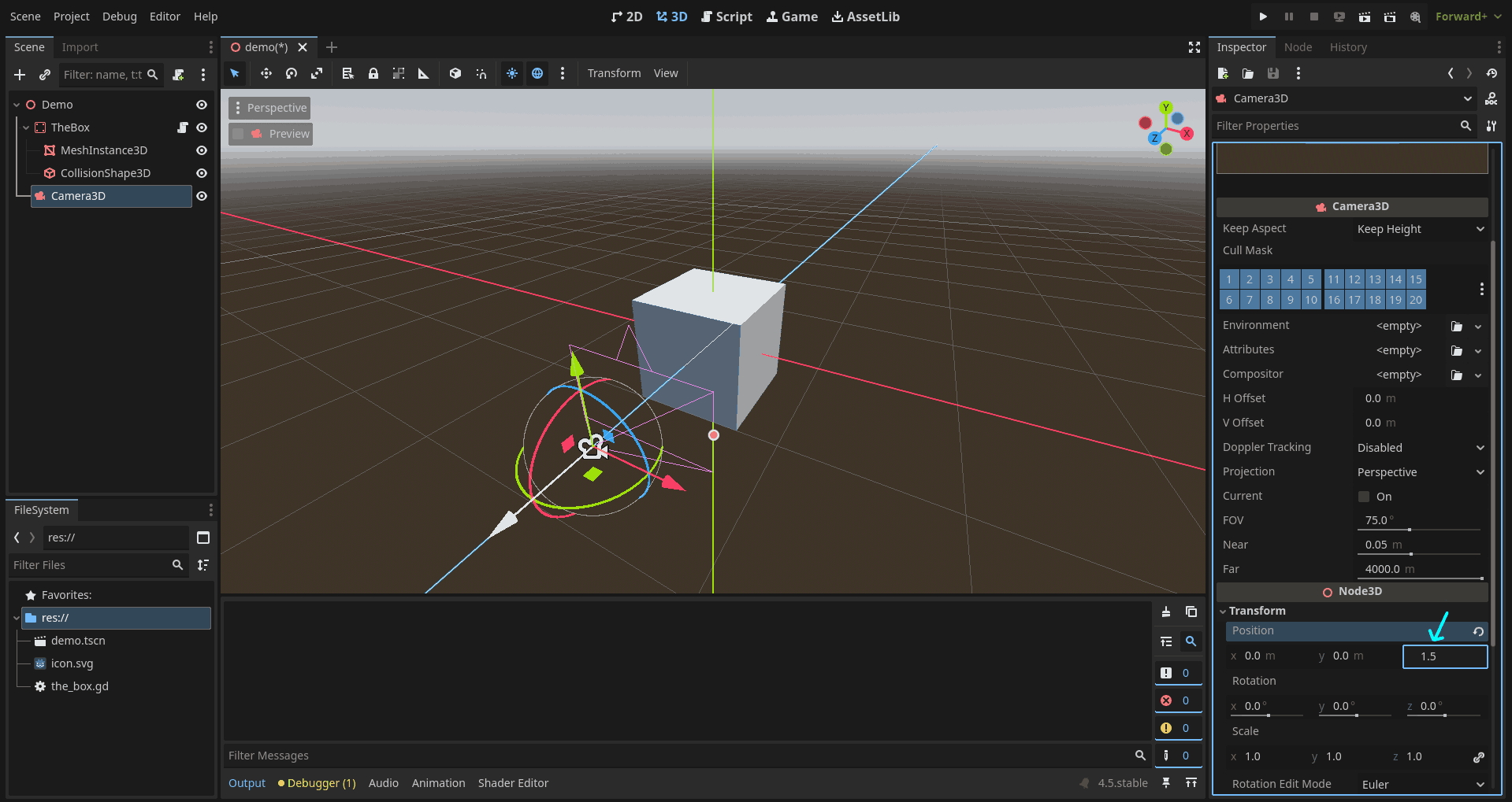 move camera 1.5 on Z